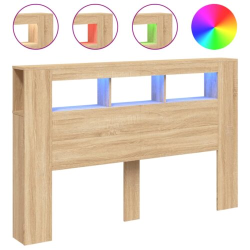 LED Lights Cabinet Wooden Bed Frame Head Storage Shelf Bedhead Oak 160cm