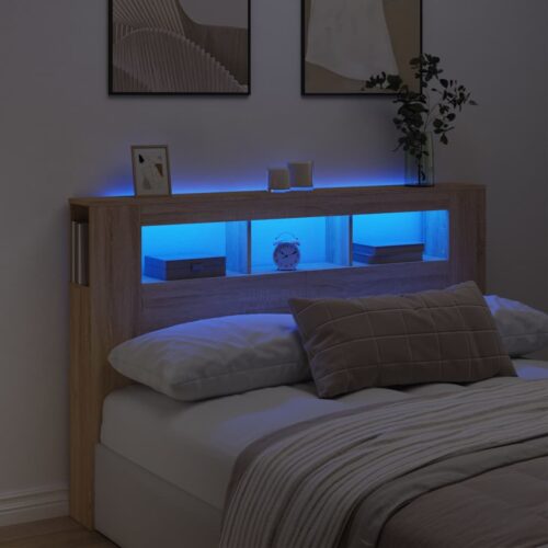 LED Lights Cabinet Wooden Bed Frame Head Storage Shelf Bedhead Oak 160cm - Image 2