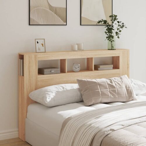 LED Lights Cabinet Wooden Bed Frame Head Storage Shelf Bedhead Oak 160cm - Image 3