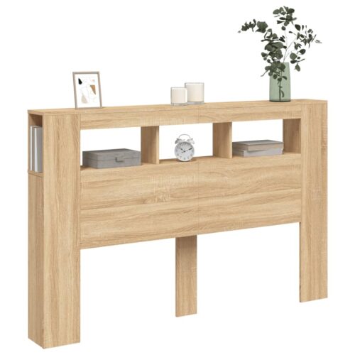 LED Lights Cabinet Wooden Bed Frame Head Storage Shelf Bedhead Oak 160cm - Image 4