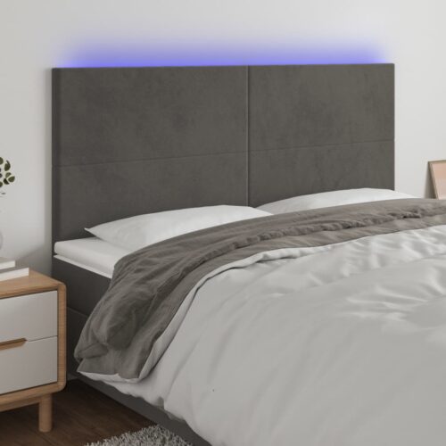 LED Lights Headboard Bed Frame Head Bedhead Board Grey Velvet 160cm Queen Size - Image 2