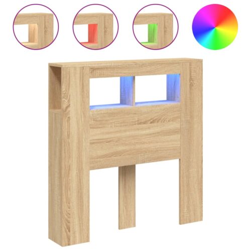 LED Lights Cabinet Wooden Bed Frame Head Storage Shelf Bedhead Oak 100cm