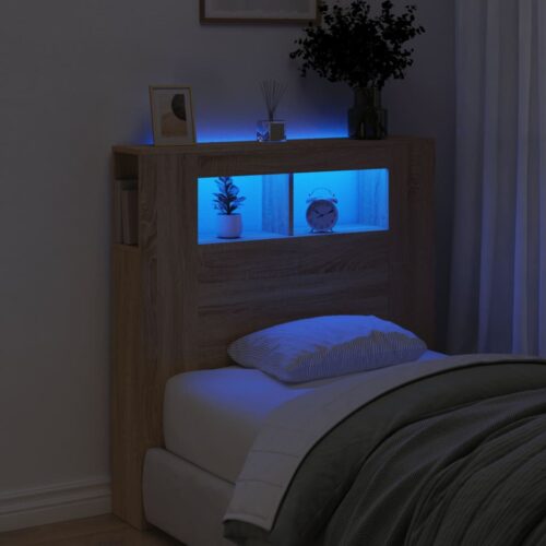 LED Lights Cabinet Wooden Bed Frame Head Storage Shelf Bedhead Oak 100cm - Image 2