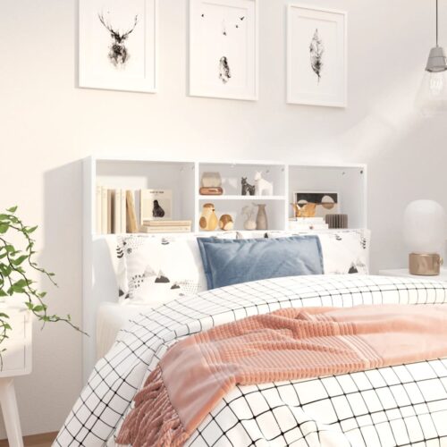 Bed Headboard with Storage Shelf Cabinet Wooden Frame Head White 120x19x103.5cm - Image 2