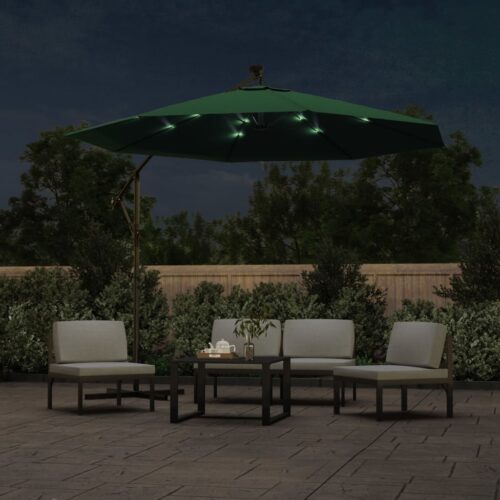 Hanging Parasol with LED Lighting 300cm Green Metal Pole - Image 2