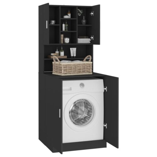 Washing Machine Cabinet Storage Shelf Rack Wooden Laundry Bathroom Organiser Black - Image 4