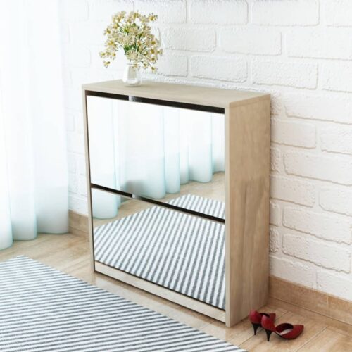 Shoe Cabinet 2-Layer Mirror Oak 63x17x67cm