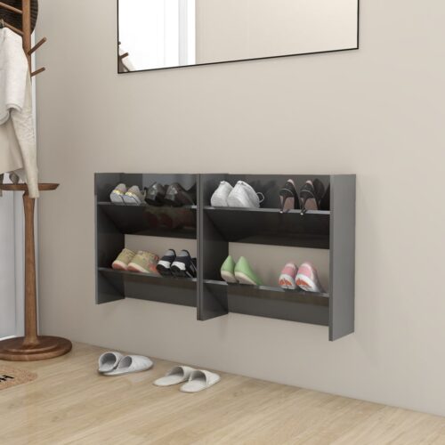 Wall Shoe Cabinets 2pcs High Gloss Grey 60x18x60cm Engineered Wood