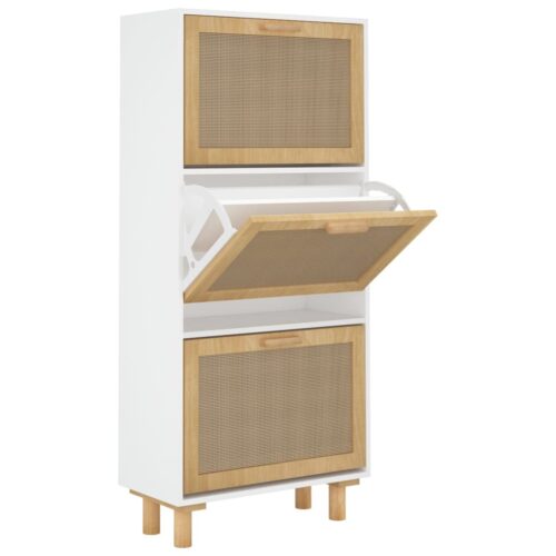Shoe Cabinet White 52x25x115cm Engineered Wood Natural Rattan