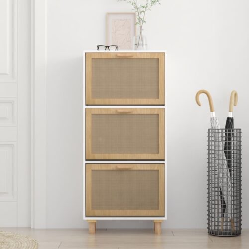 Shoe Cabinet White 52x25x115cm Engineered Wood Natural Rattan - Image 8