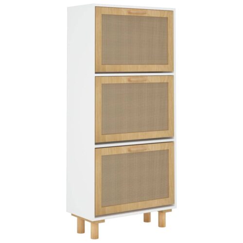Shoe Cabinet White 52x25x115cm Engineered Wood Natural Rattan - Image 3
