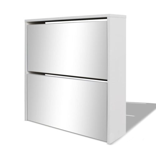2-Tier Mirror Shoe Cabinet  Storage Shelf Drawers Hallway Wooden Cupboard White - Image 3