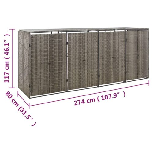 Quadruple Wheelie Bin Shed Grey 274x80x117cm Poly Rattan - Image 7
