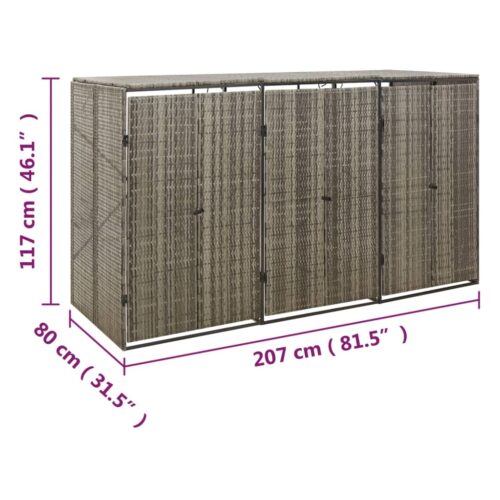 Triple Wheelie Bin Shed Grey 207x80x117cm Poly Rattan - Image 7