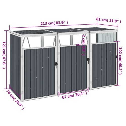Triple Garbage Bin Shed Grey 213x81x121cm Steel - Image 5