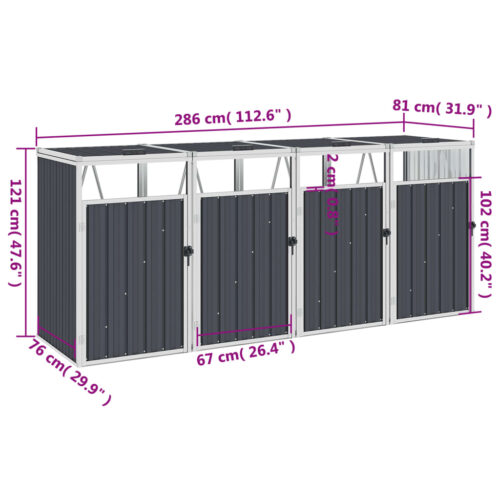Quadruple Garbage Bin Shed Anthracite 286x81x121cm Steel - Image 5