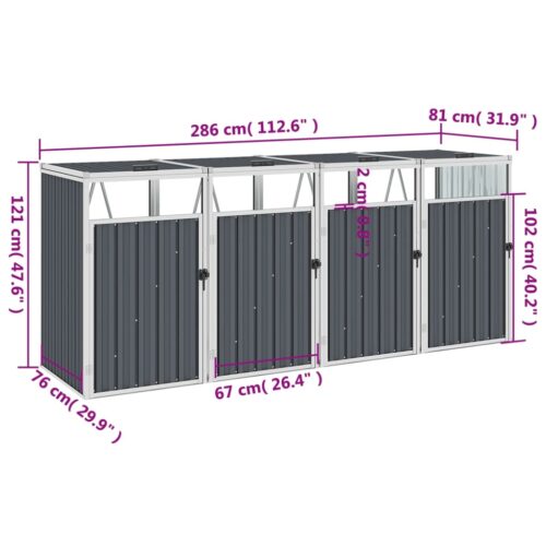 Quadruple Garbage Bin Shed Grey 286x81x121cm Steel - Image 5