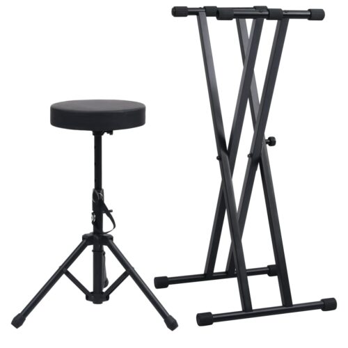 Double Braced Keyboard Stand Stool Set Black