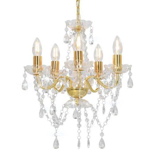 Chandelier with Crystal Beads Golden Round 5x E14