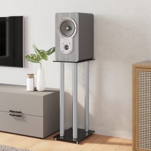 Speaker Stands 2pcs Black Silver Tempered Glass 4 Pillars Design - Image 3