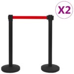 4-Piece VIP Queue Barrier Set Iron Black Red Airport Crowd Control Stanchion Post