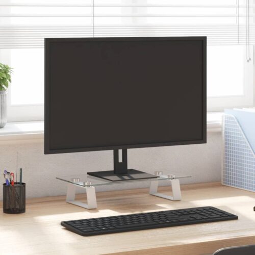 Monitor Stand White 40x20x8cm Tempered Glass Metal - Image 2