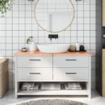 Bathroom Countertop Sink Vanity Board Table Top Light Brown 140x60x4cm Treated Solid Wood