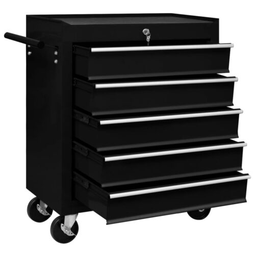 Workshop Tool Trolley with 5 Drawers Black - Image 2