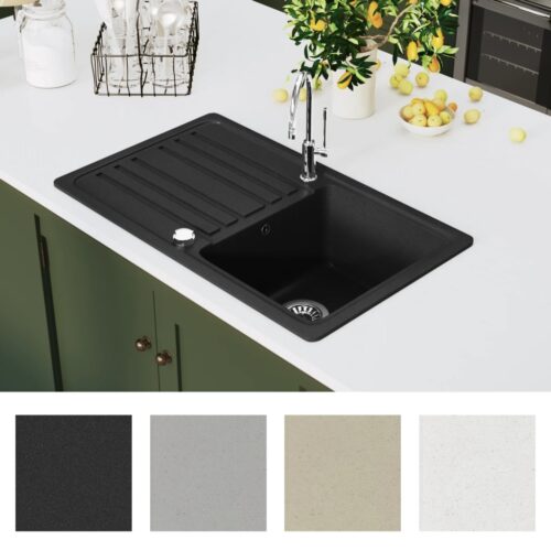 Granite Kitchen Sink Single Basin with Drainer Reversible Black - Image 6
