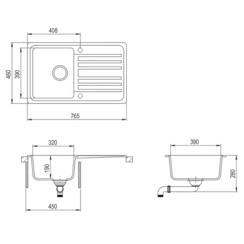 Granite Kitchen Sink Single Basin with Drainer Reversible Black - Image 8