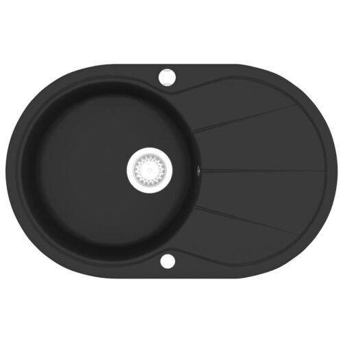 Granite Kitchen Sink Single Bowl Oval Black Mount Laundry Strainer Wash Basin - Image 2