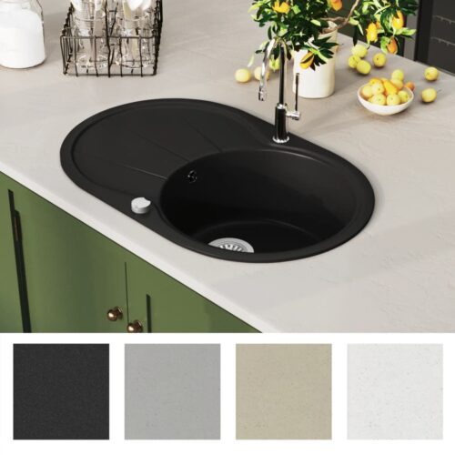 Granite Kitchen Sink Single Bowl Oval Black Mount Laundry Strainer Wash Basin - Image 7