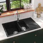 Reversible Granite Kitchen Sink Double Bowl Over Mount Laundry Wash Basin Black