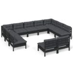 11-Piece Garden Lounge Set with Cushions Black Pine Wood Outdoor Patio Furniture