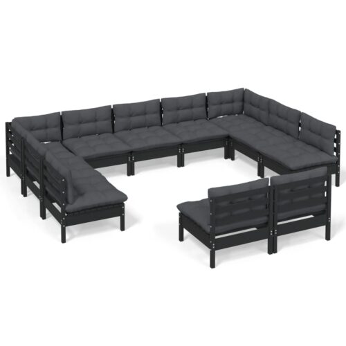 11-Piece Garden Lounge Set with Cushions Black Pine Wood Outdoor Patio Furniture