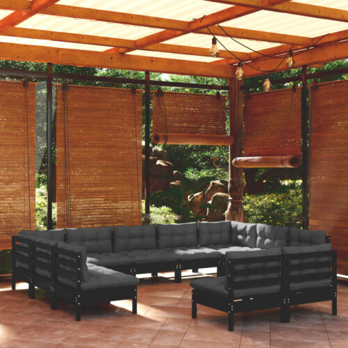 11-Piece Garden Lounge Set with Cushions Black Pine Wood Outdoor Patio Furniture - Image 2