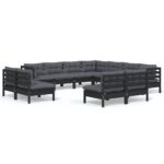 11-Piece Garden Lounge Set with Cushions Black Pine Wood Outdoor Patio Furniture