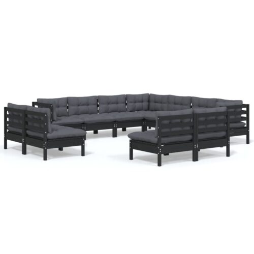 11-Piece Garden Lounge Set with Cushions Black Pine Wood Outdoor Patio Furniture