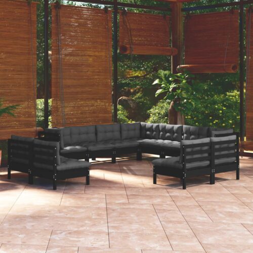 11-Piece Garden Lounge Set with Cushions Black Pine Wood Outdoor Patio Furniture - Image 2