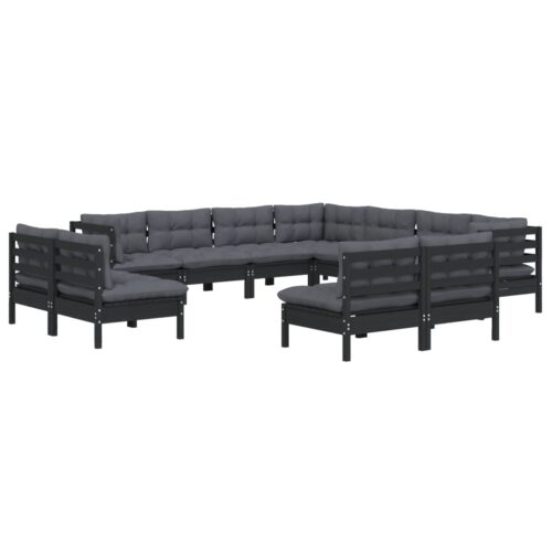 11-Piece Garden Lounge Set with Cushions Black Pine Wood Outdoor Patio Furniture - Image 3