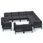 11-Piece Garden Lounge Set with Cushions Black Pine Wood Outdoor Patio Furniture