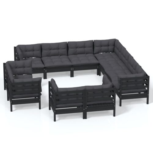 11-Piece Garden Lounge Set with Cushions Black Pine Wood Outdoor Patio Furniture