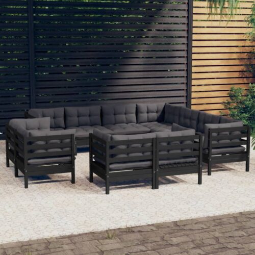 11-Piece Garden Lounge Set with Cushions Black Pine Wood Outdoor Patio Furniture - Image 2