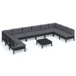 11-Piece Garden Lounge Set with Cushions Black Pine Wood Outdoor Patio Furniture