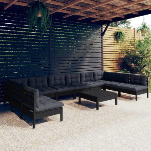 11-Piece Garden Lounge Set with Cushions Black Pine Wood Outdoor Patio Furniture - Image 2