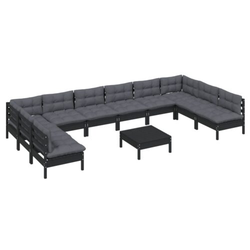 11-Piece Garden Lounge Set with Cushions Black Pine Wood Outdoor Patio Furniture - Image 3