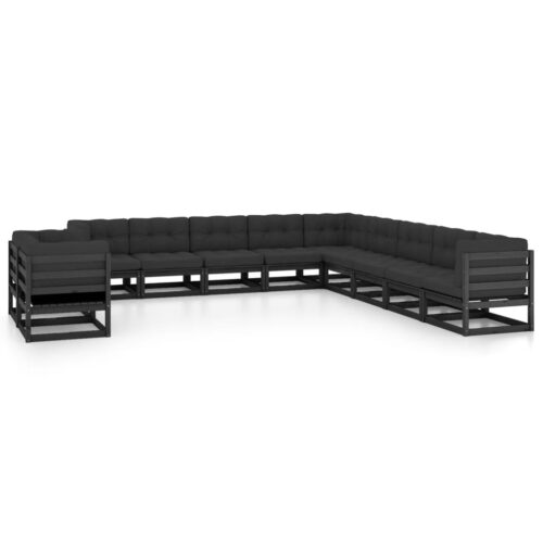 11-Piece Garden Lounge Set with Cushions Black Pine Wood Outdoor Patio Furniture