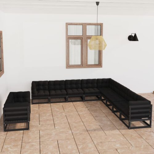 11-Piece Garden Lounge Set with Cushions Black Pine Wood Outdoor Patio Furniture - Image 2
