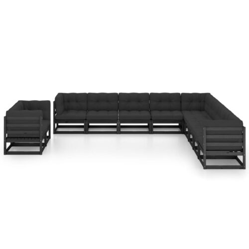 11-Piece Garden Lounge Set with Cushions Black Pine Wood Outdoor Patio Furniture - Image 3