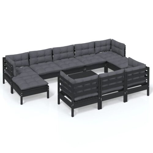 11-Piece Garden Lounge Set with Cushions Black Pine Wood Outdoor Patio Furniture